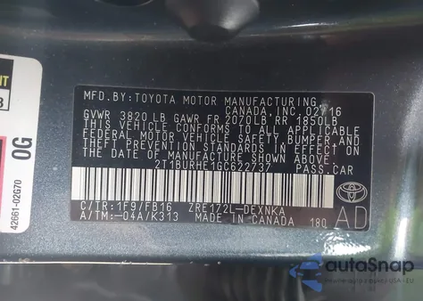 2016 Toyota Corolla Le from USA, damaged, VIN 2T1BURHE1GC622737